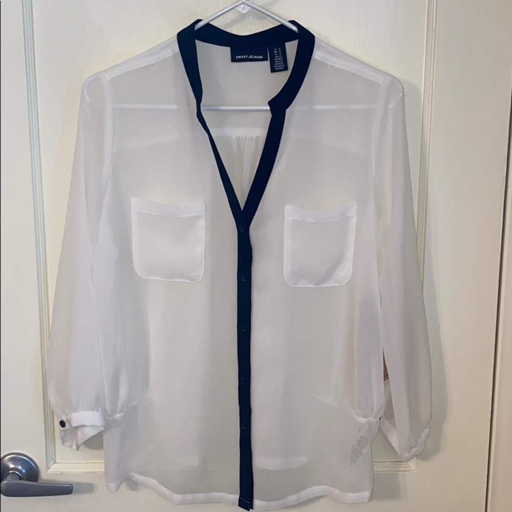 DKNY Sheer top with contrast trim NWT